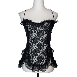 Vintage Y2K Lace Babydoll Cami Top S Black Bow Whimsigoth Coquette Fairy Grunge